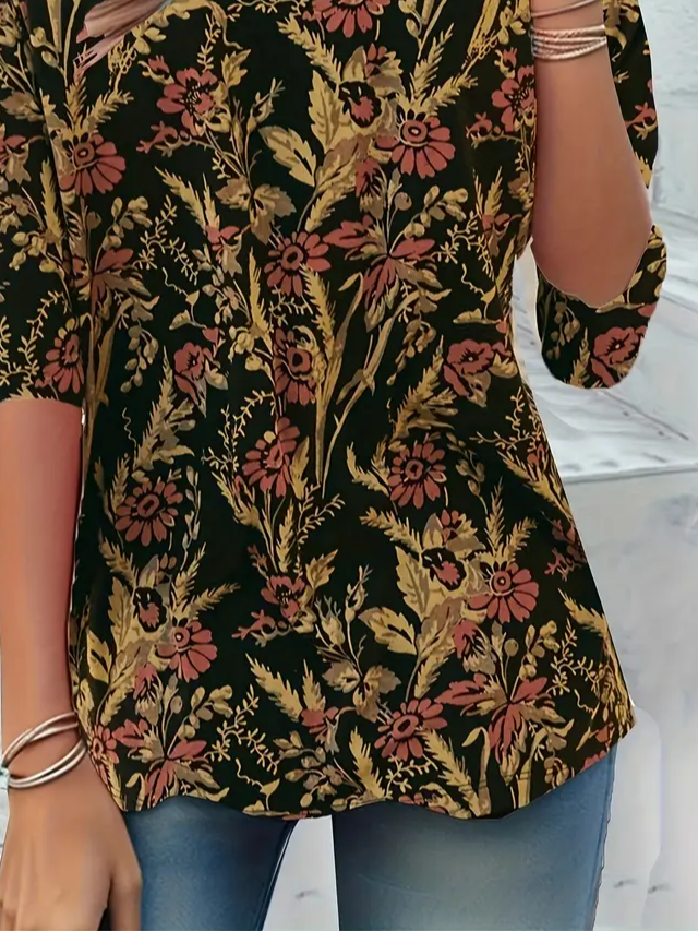 Women's Long Sleeve T-shirt Spring/Fall Black Floral Printing Jersey Crew Neck Daily Going Out Casual Top