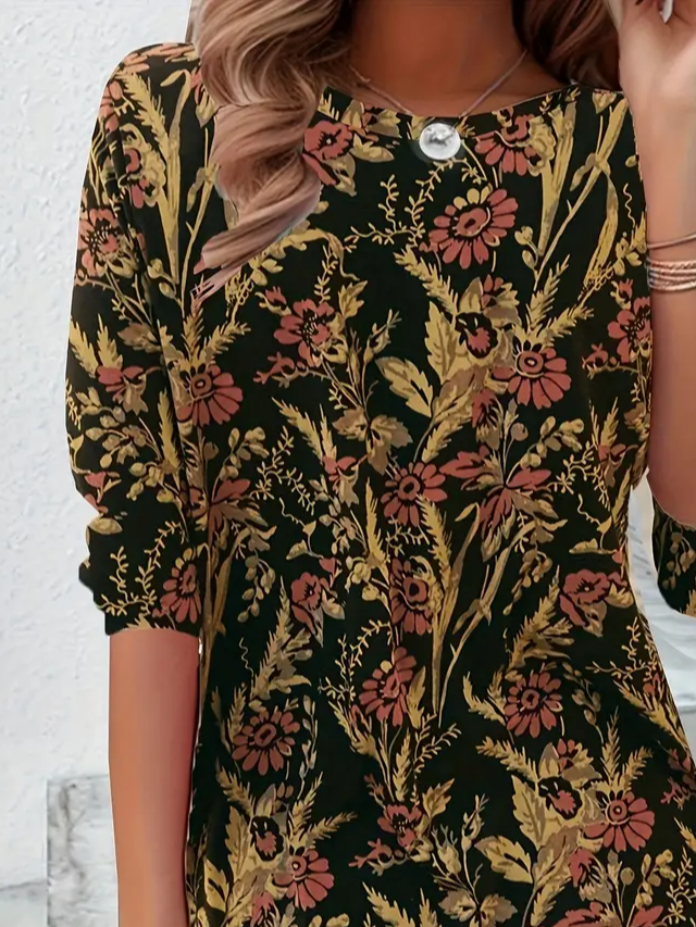 Women's Long Sleeve T-shirt Spring/Fall Black Floral Printing Jersey Crew Neck Daily Going Out Casual Top