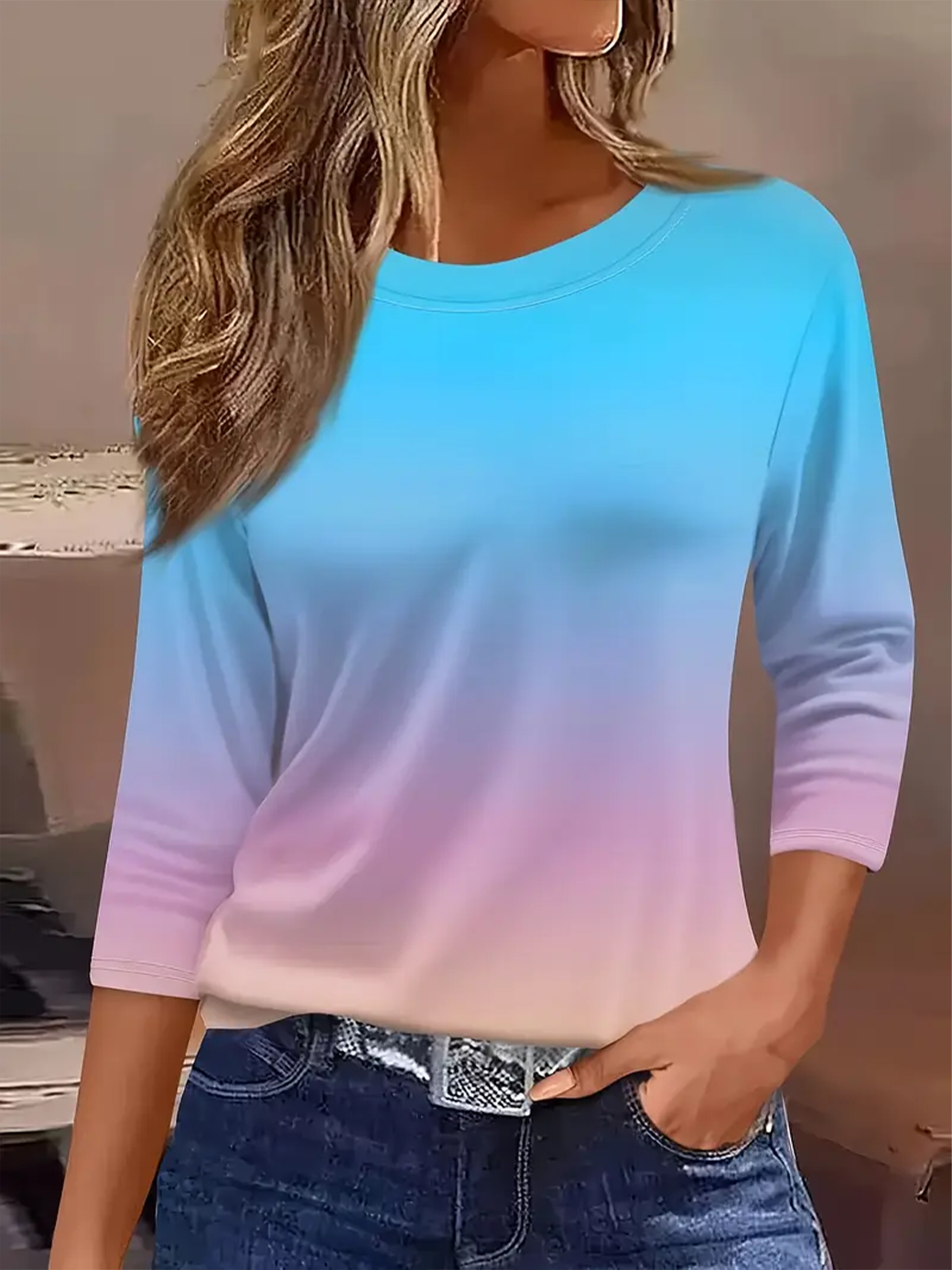 Women's Three Quarter Sleeve T-shirt Spring/Fall Blue Ombre Crew Neck Daily Going Out Casual Top