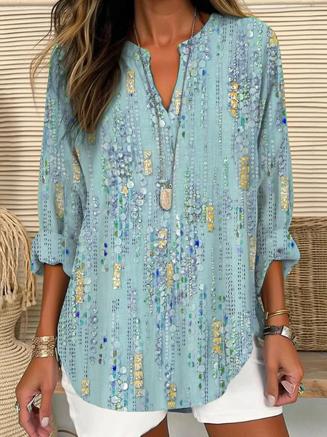 Women Abstract V Neck Cotton-Blend Long Sleeve Casual Daily Spring/Fall Blouse
