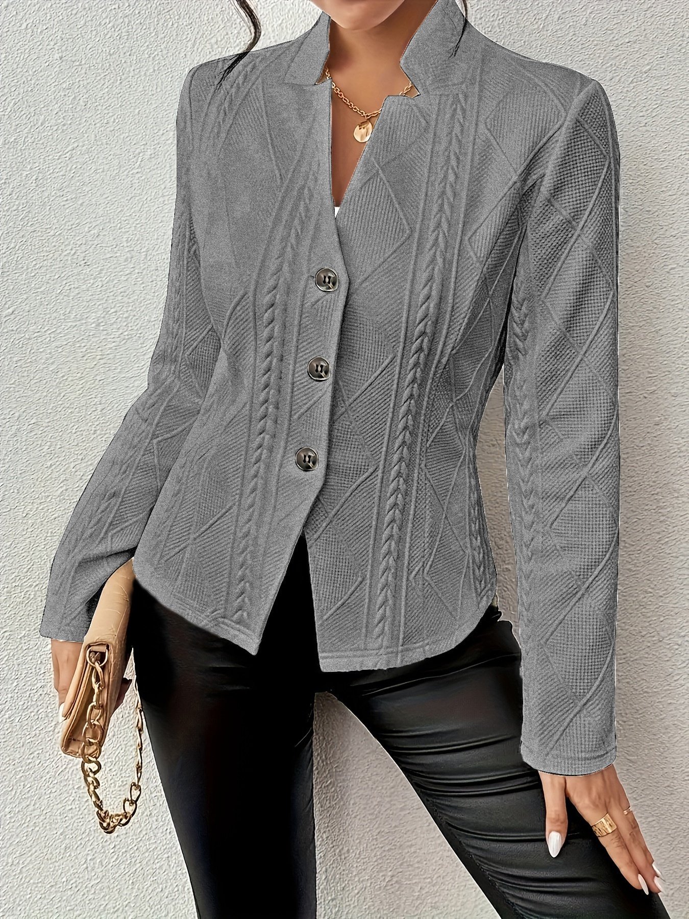 Women Geometric Mock Neck Long Sleeve Vintage Embossed Spring/Fall Daily Blazer Outerwear