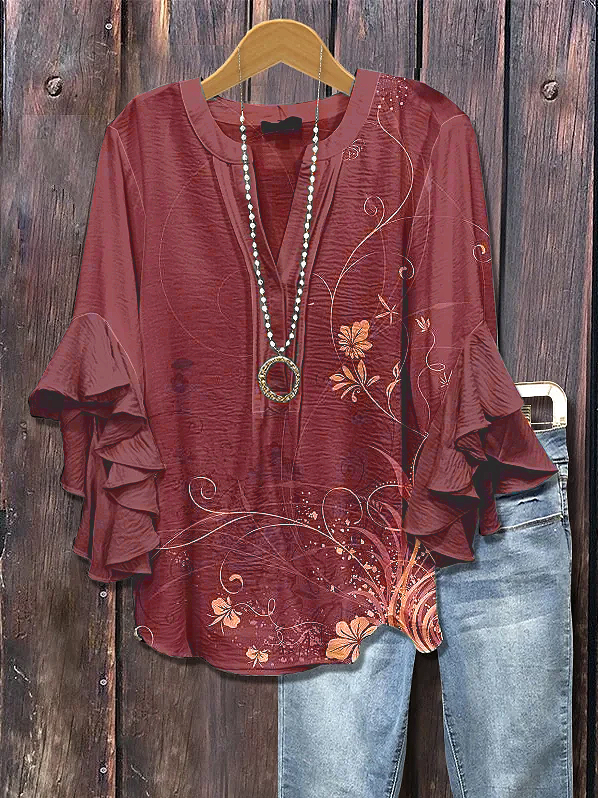 Women's Half Sleeve Shirt Summer Brown Floral Printing V Neck Daily Going Out Casual Top