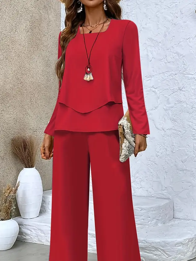 Women's Printing Plain Daily Going Out Two-Piece Set Red Casual Spring/Fall Top With Pants Matching Set