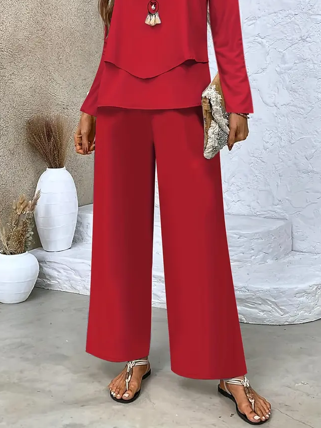 Women's Printing Plain Daily Going Out Two-Piece Set Red Casual Spring/Fall Top With Pants Matching Set