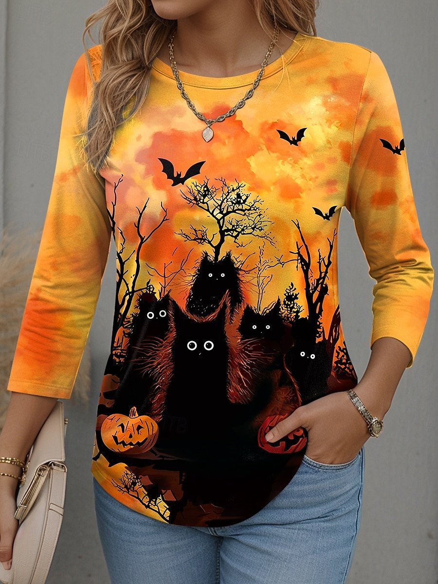 Women Halloween Crew Neck Jersey Long Sleeve Vintage Daily Spring/Fall T-shirt