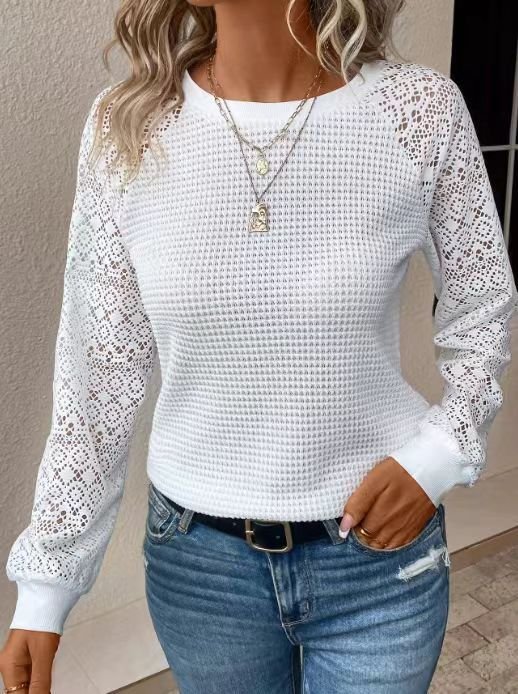 Women's Long Sleeve T-shirt Spring/Fall White Geometric Jacquard Crew Neck Raglan Sleeve Daily Going Out Vintage Top
