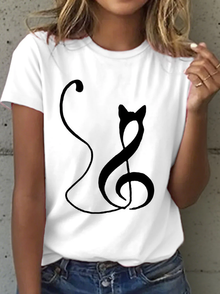 Women's Music Notes and Cat Print T-Shirt