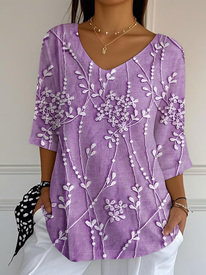 Women's Three Quarter Sleeve T-shirt Spring/Fall Purple Floral Printing V Neck Daily Going Out Casual Top