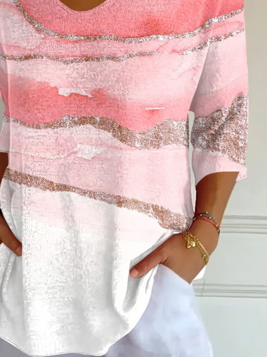 Women's Three Quarter Sleeve T-shirt Spring/Fall Pink Abstract Printing V Neck Daily Going Out Casual Top