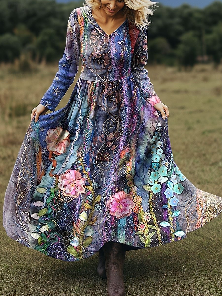 Women Floral Cotton And Linen V Neck Vintage Spring/Fall Party Maxi A-Line Dress