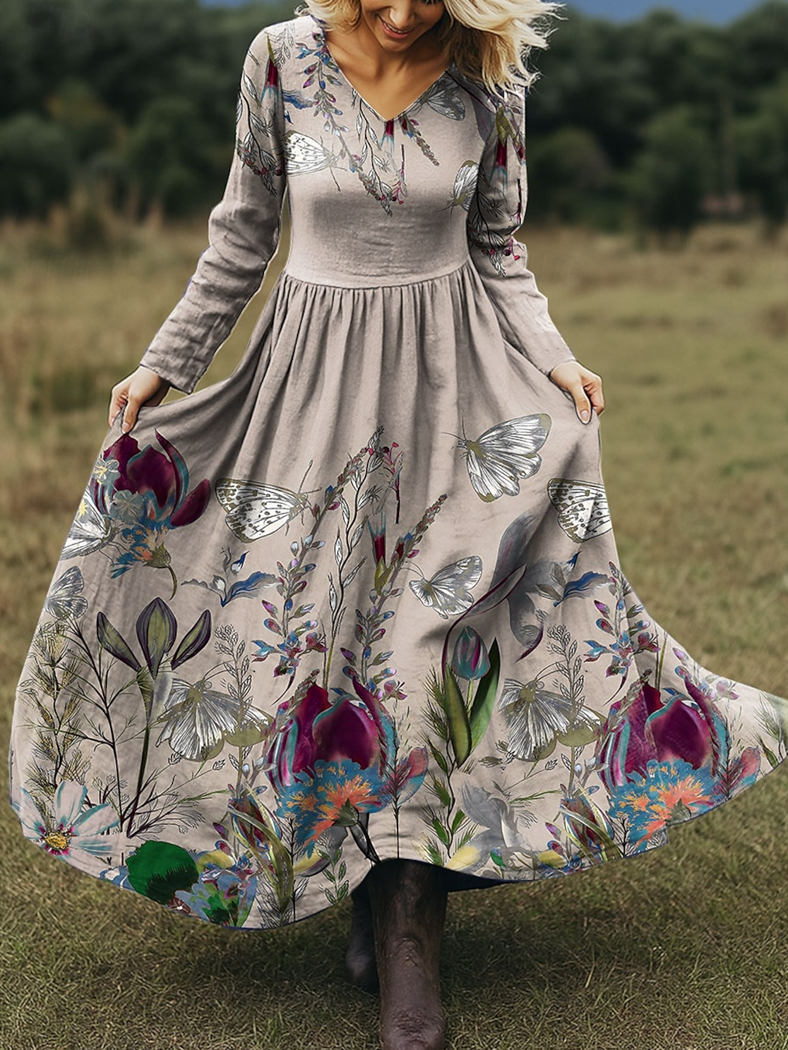 Women Floral Cotton And Linen V Neck Vintage Spring/Fall Party Maxi A-Line Dress