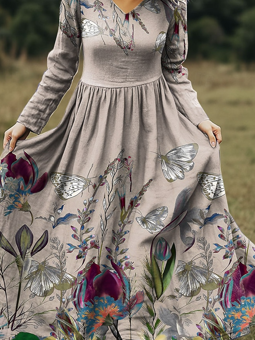 Women Floral Cotton And Linen V Neck Vintage Spring/Fall Party Maxi A-Line Dress