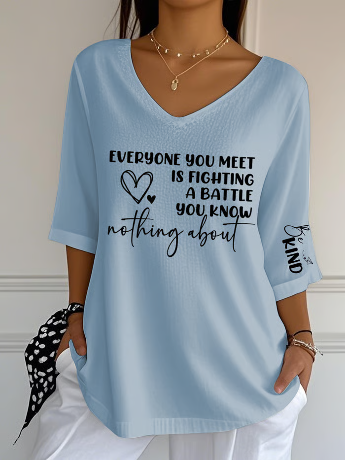 Women Text Letters V Neck Three Quarter Sleeve Vintage Holiday Spring/Fall T-shirt