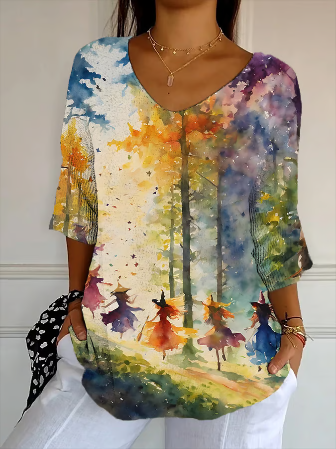 Women Halloween V Neck Three Quarter Sleeve Vintage Holiday Spring/Fall T-shirt