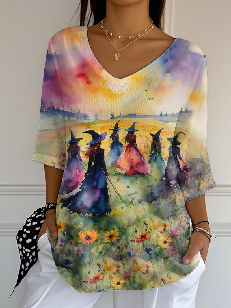 Women Halloween V Neck Three Quarter Sleeve Vintage Holiday Spring/Fall T-shirt