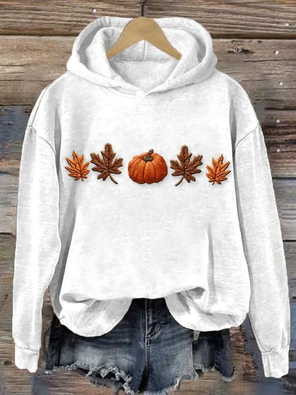 Women's Halloween Pumpkin Maple Leaf Print Casual Long Sleeve Hooded Sweatshirt