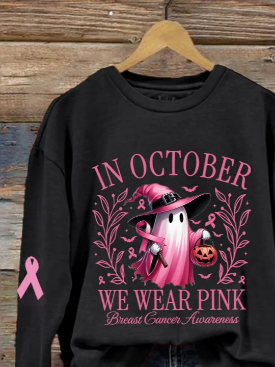 Women's October Halloween Pink Ghost Breast Cancer Awareness Warrior Crew Neck Long Sleeve Sweatshirt
