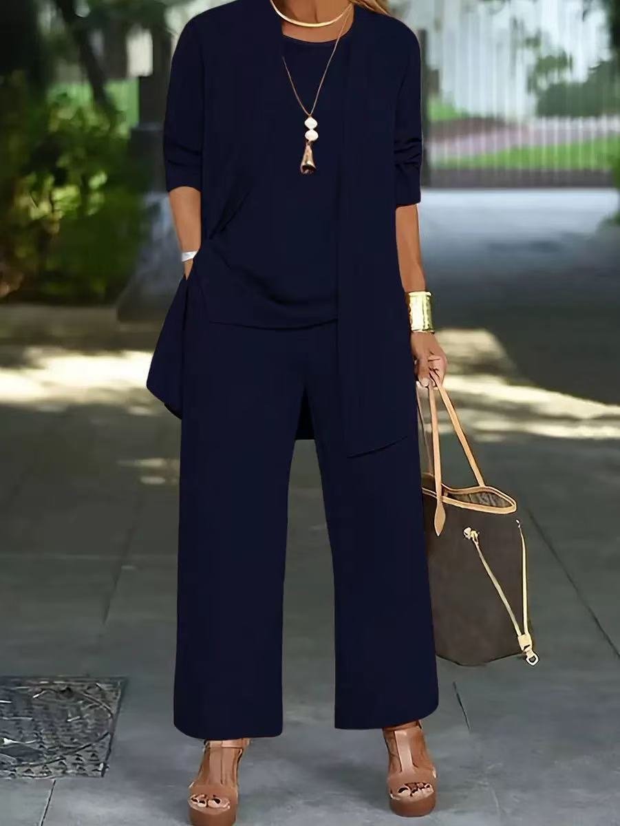 Women Plain Long Sleeve Multi-Piece Set Casual Split Joint Spring/Fall Crew Neck Matching Outfit