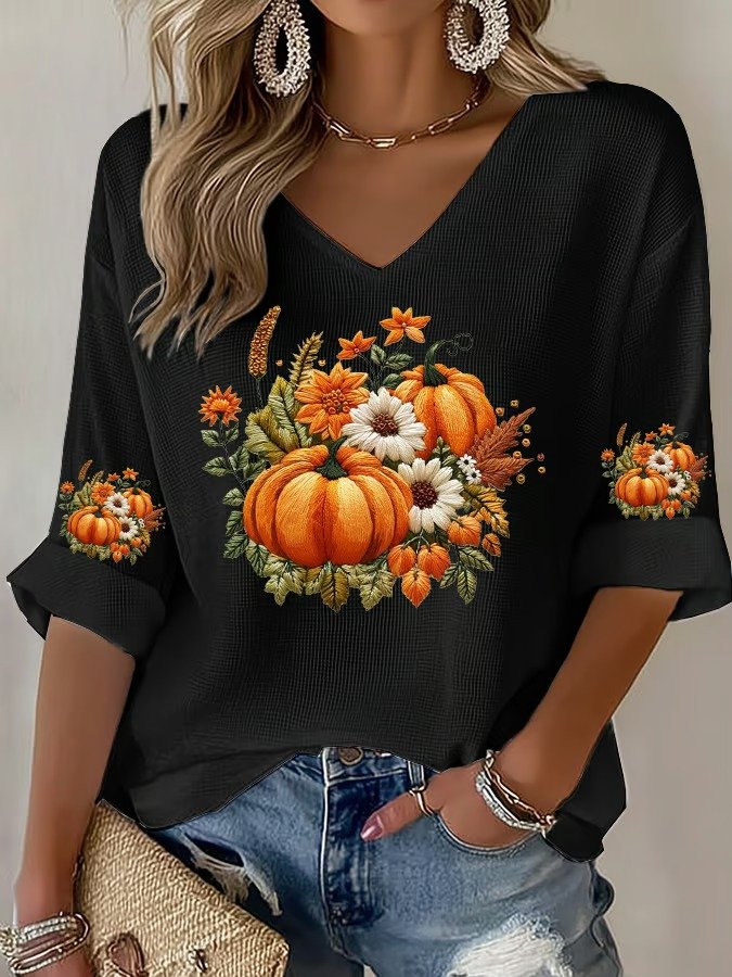 Women's Halloween Autumn Art Design Printed Pitted Fabric Long Sleeve T-shirt