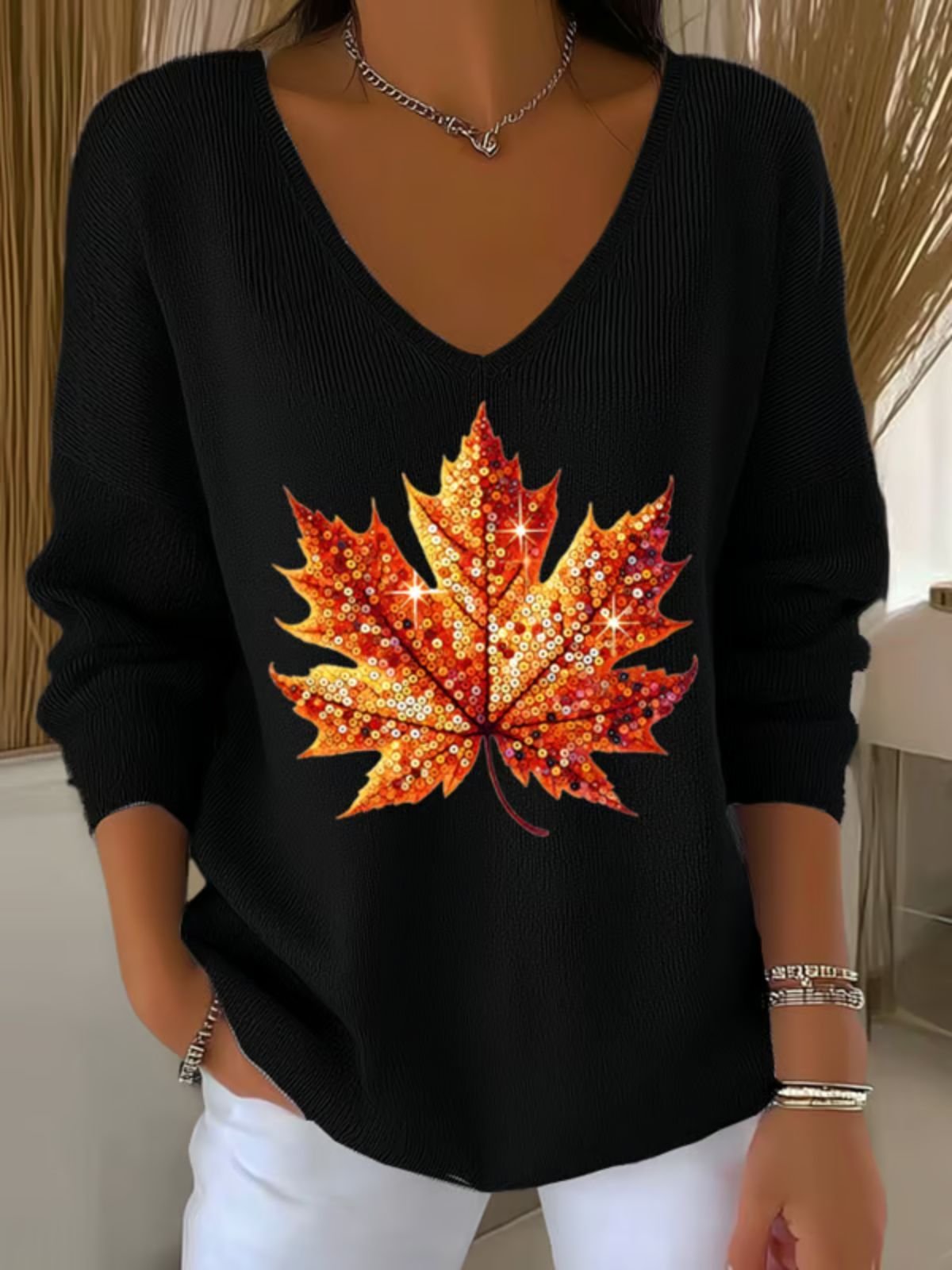 Women Maple Leaf V Neck Cotton Long Sleeve Casual Daily Spring/Fall Sweater