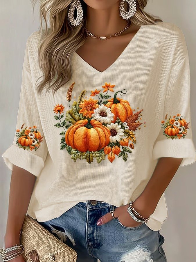 Women's Halloween Autumn Art Design Printed Pitted Fabric Long Sleeve T-shirt