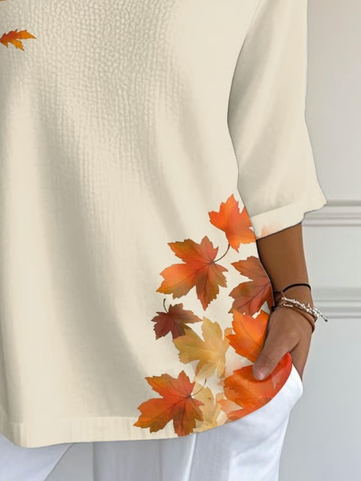 Women Maple Leaf Crew Neck Cotton Three Quarter Sleeve Vintage Daily Spring/Fall T-shirt