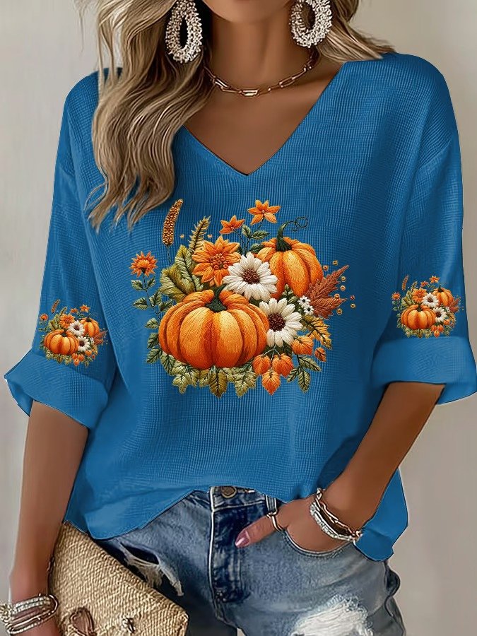 Women's Halloween Autumn Art Design Printed Pitted Fabric Long Sleeve T-shirt