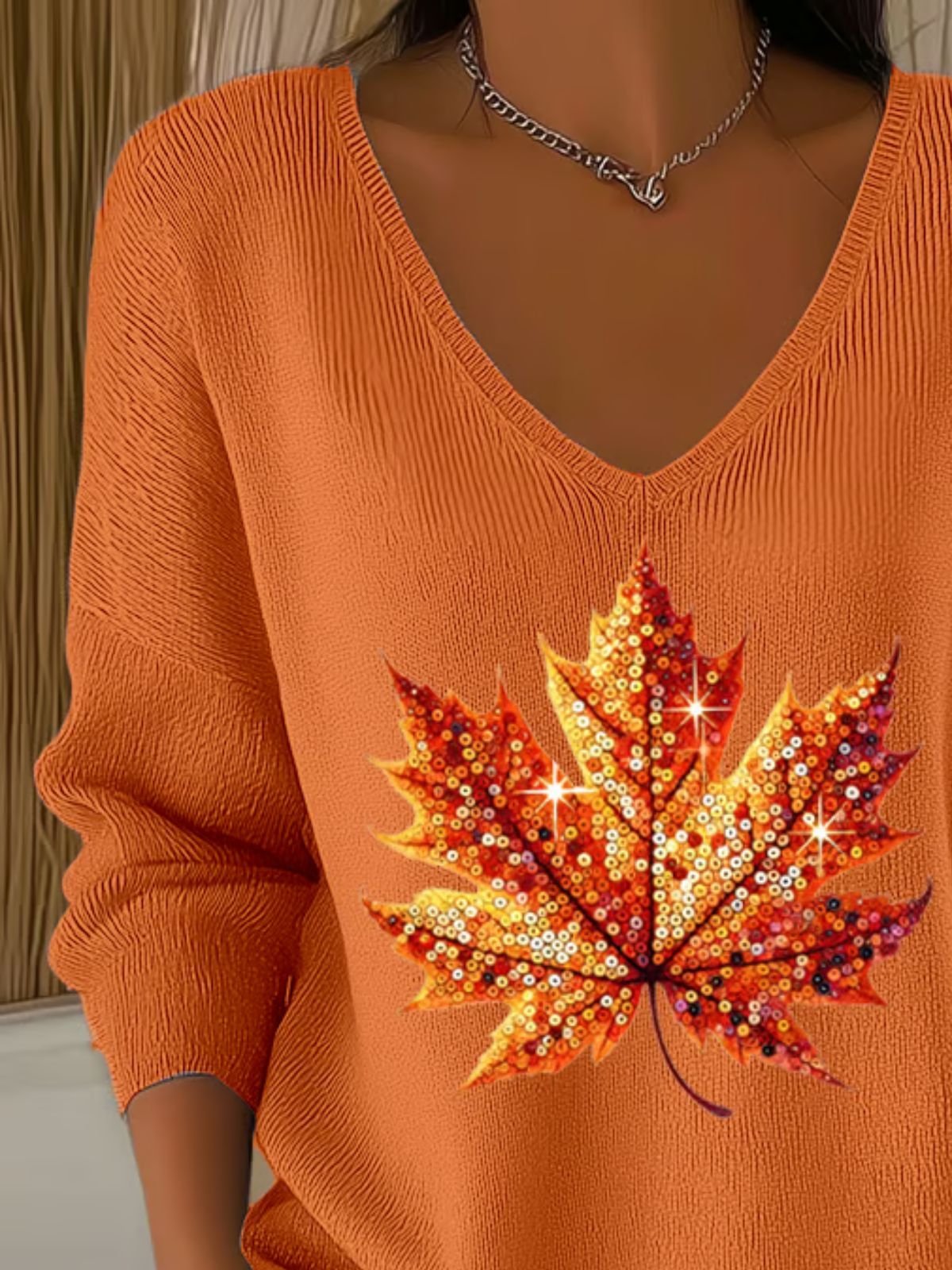 Women Maple Leaf V Neck Cotton Long Sleeve Casual Daily Spring/Fall Sweater