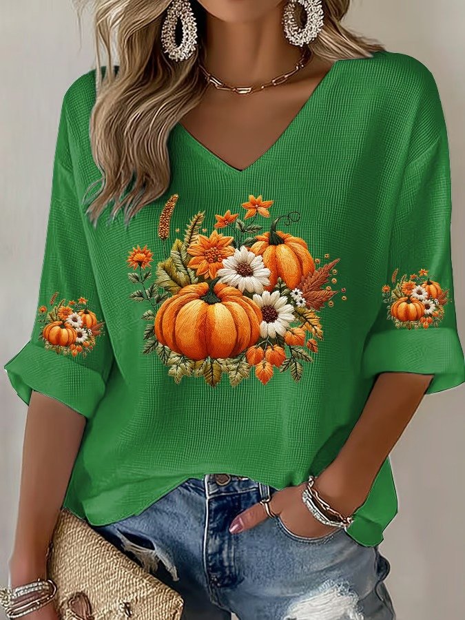 Women's Halloween Autumn Art Design Printed Pitted Fabric Long Sleeve T-shirt