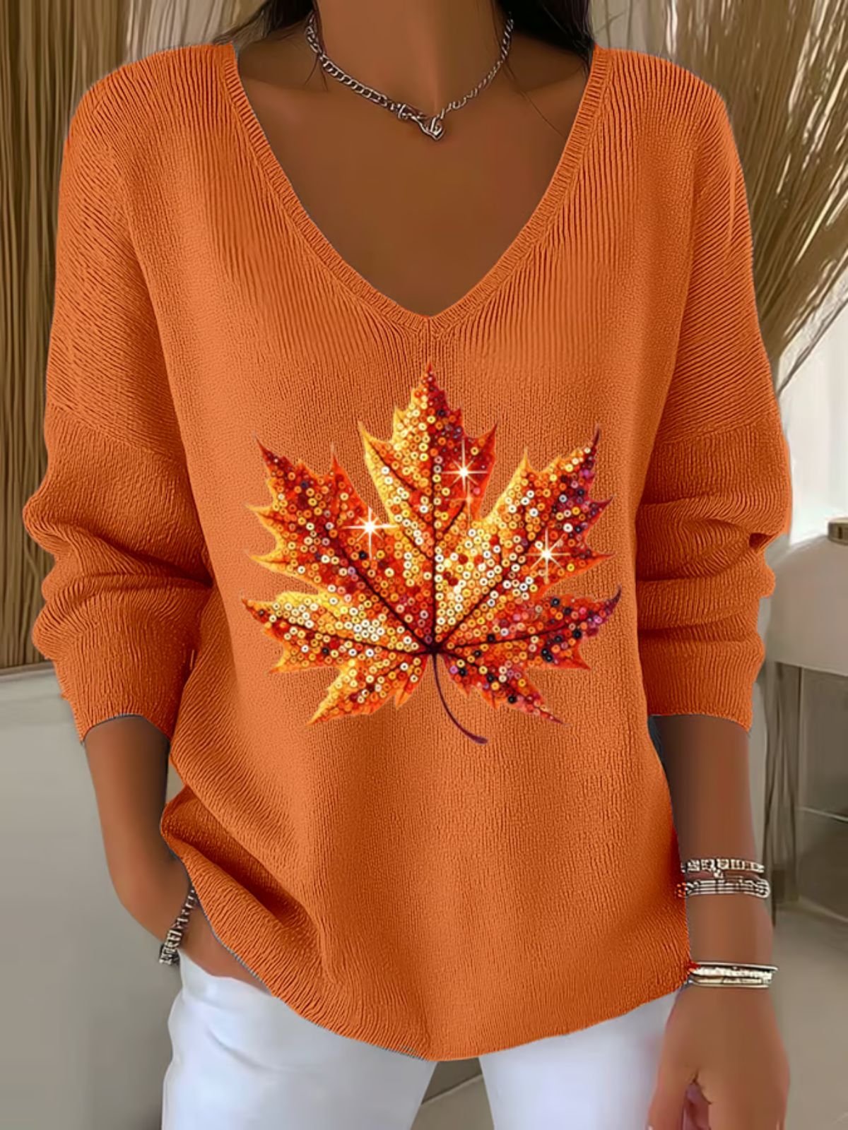 Women Maple Leaf V Neck Cotton Long Sleeve Casual Daily Spring/Fall Sweater