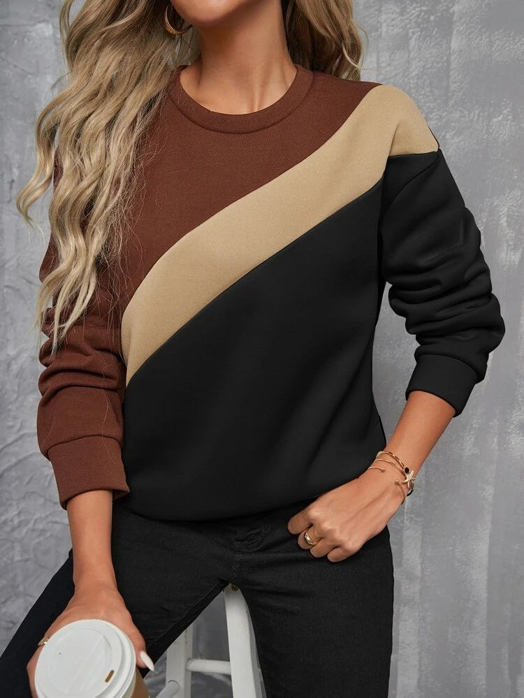 Women Multicolor Block Crew Neck Long Sleeve Casual Daily Spring/Fall Sweatshirt