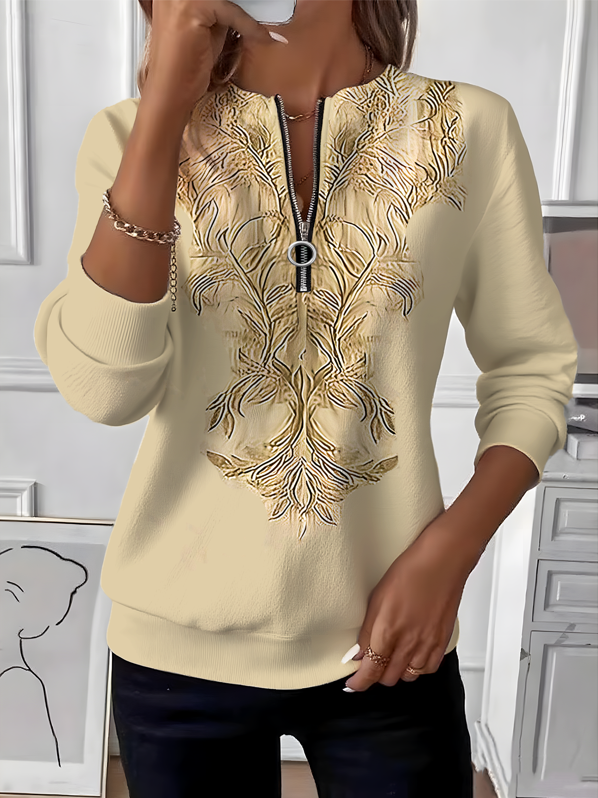 Women's Retro Art Graphic Design Everyday Long Sleeve Center Front Zip Sweatshirt