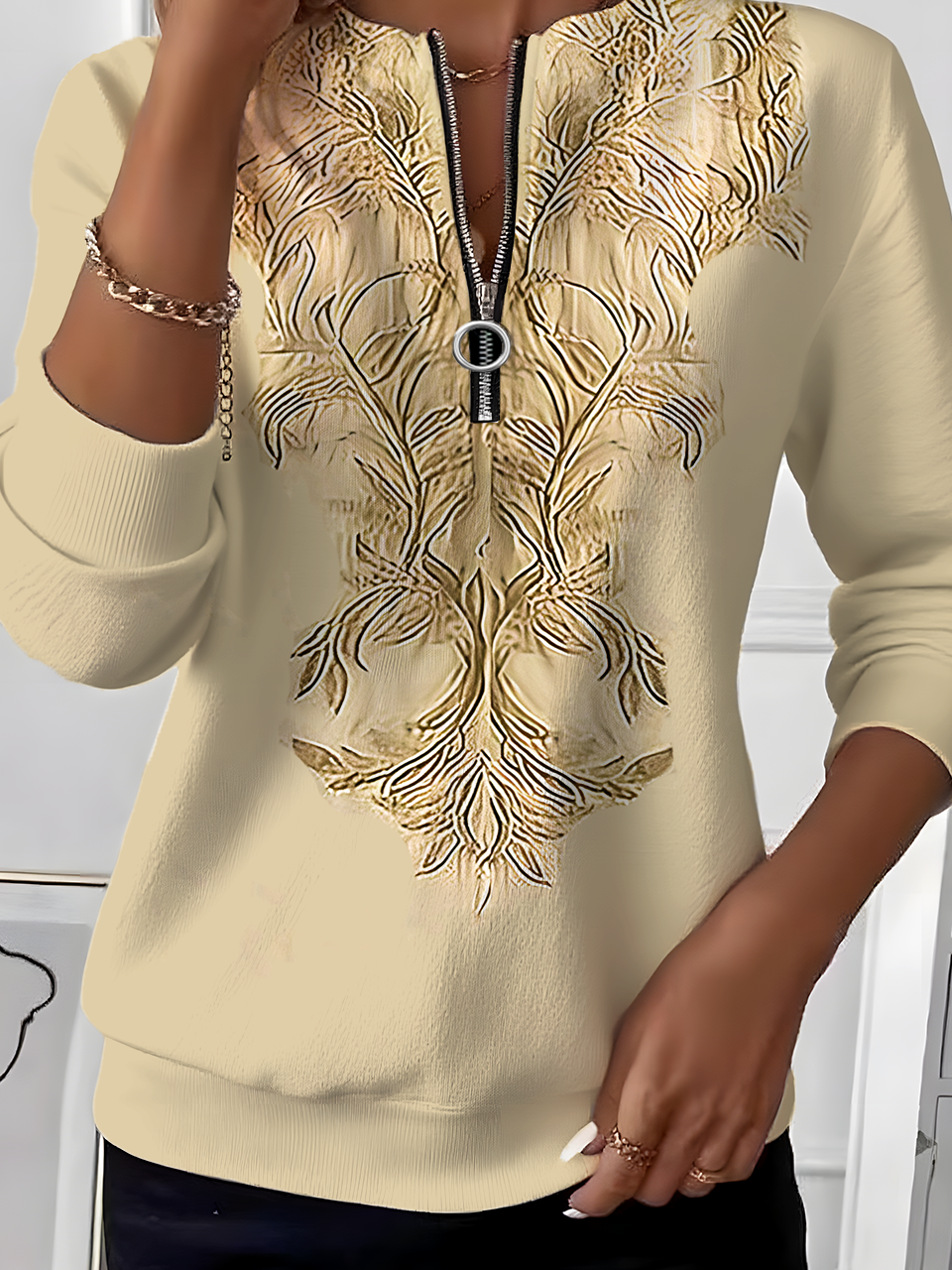 Women's Retro Art Graphic Design Everyday Long Sleeve Center Front Zip Sweatshirt