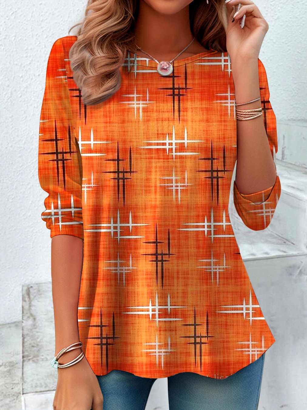 Women Geometric Crew Neck Cotton Long Sleeve Vintage Daily Spring/Fall T-shirt