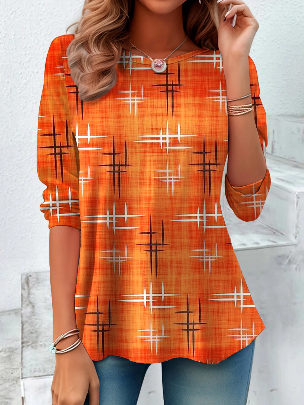 Women Geometric Crew Neck Cotton Long Sleeve Vintage Daily Spring/Fall T-shirt