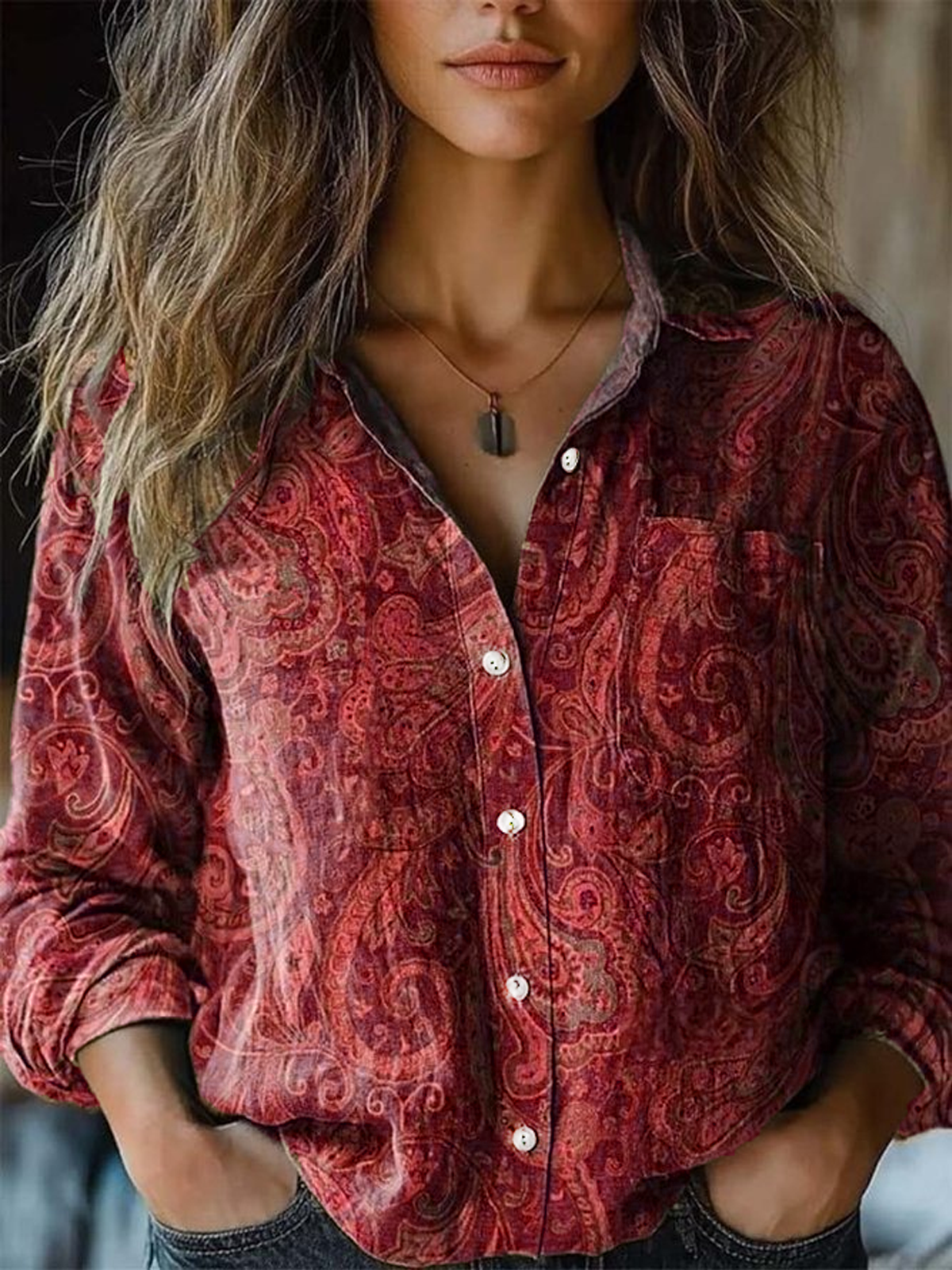 Women Paisley Shawl Collar Long Sleeve Vintage Daily Spring/Fall Shirt