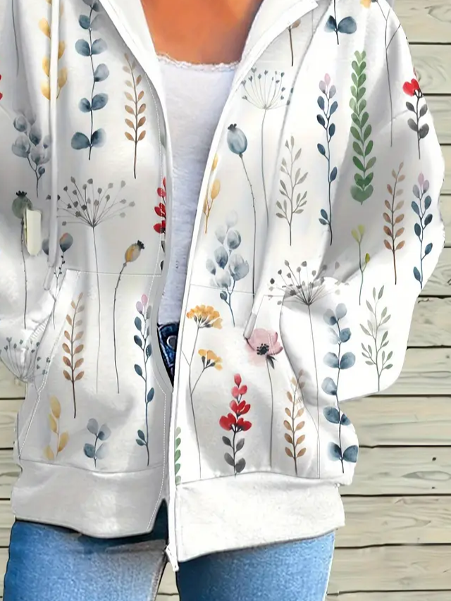 Women Floral Hoodie Zip Up Hoodie Long Sleeve Casual Printing Spring/Fall Daily Jacket Outerwear