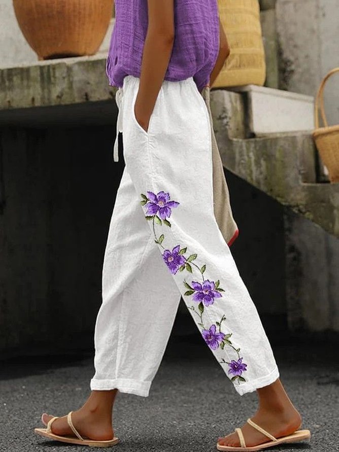 Women's  H-Line Baggy Pants Daily Going Out Pants White Casual Printing Floral Spring/Fall Pants