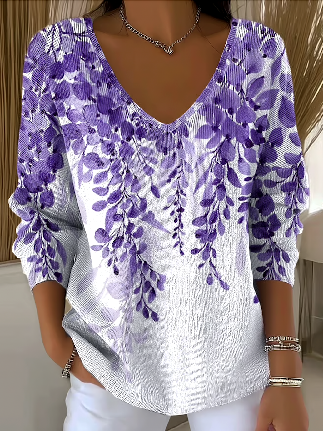 Cotton Casual V Neck Plants Sweater