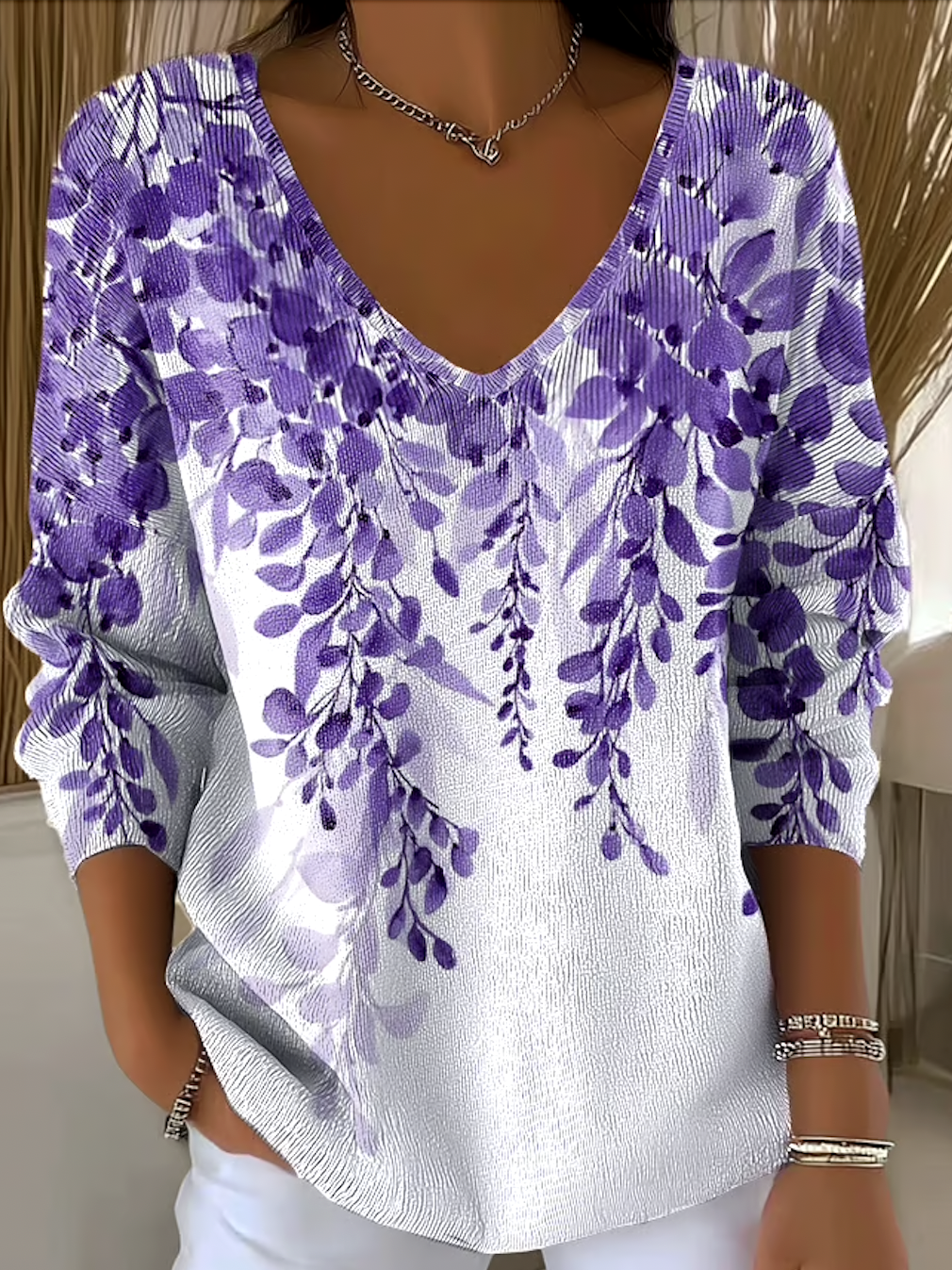 Cotton Casual V Neck Plants Sweater