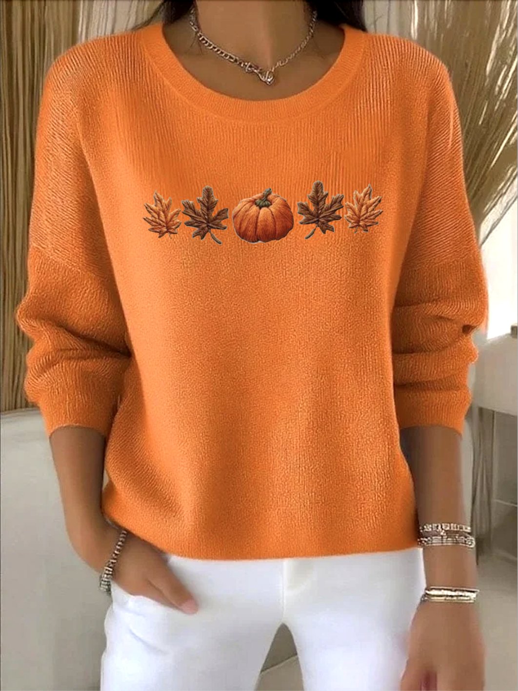 Women Plants Crew Neck Cotton Long Sleeve Vintage Holiday Spring/Fall Sweater