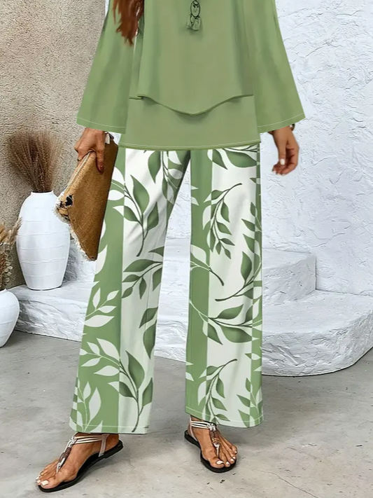 Women's Printing Floral Daily Going Out Two-Piece Set Green Casual Spring/Fall Top With Pants Matching Set