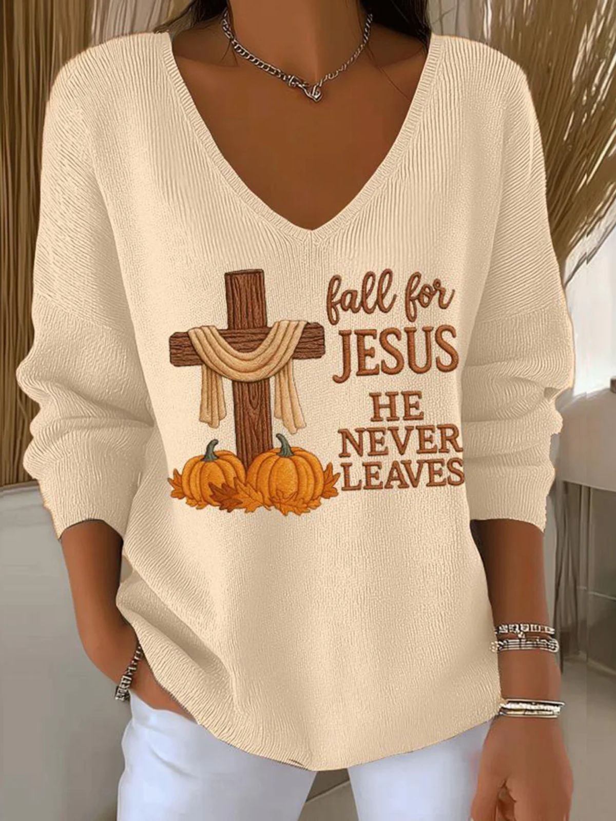 Women Jesus Copy V Neck Cotton Long Sleeve Casual Daily Spring/Fall Sweater
