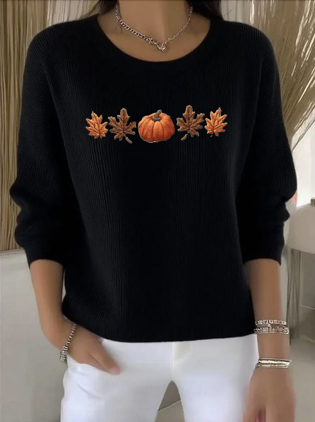 Women Plants Crew Neck Cotton Long Sleeve Vintage Holiday Spring/Fall Sweater