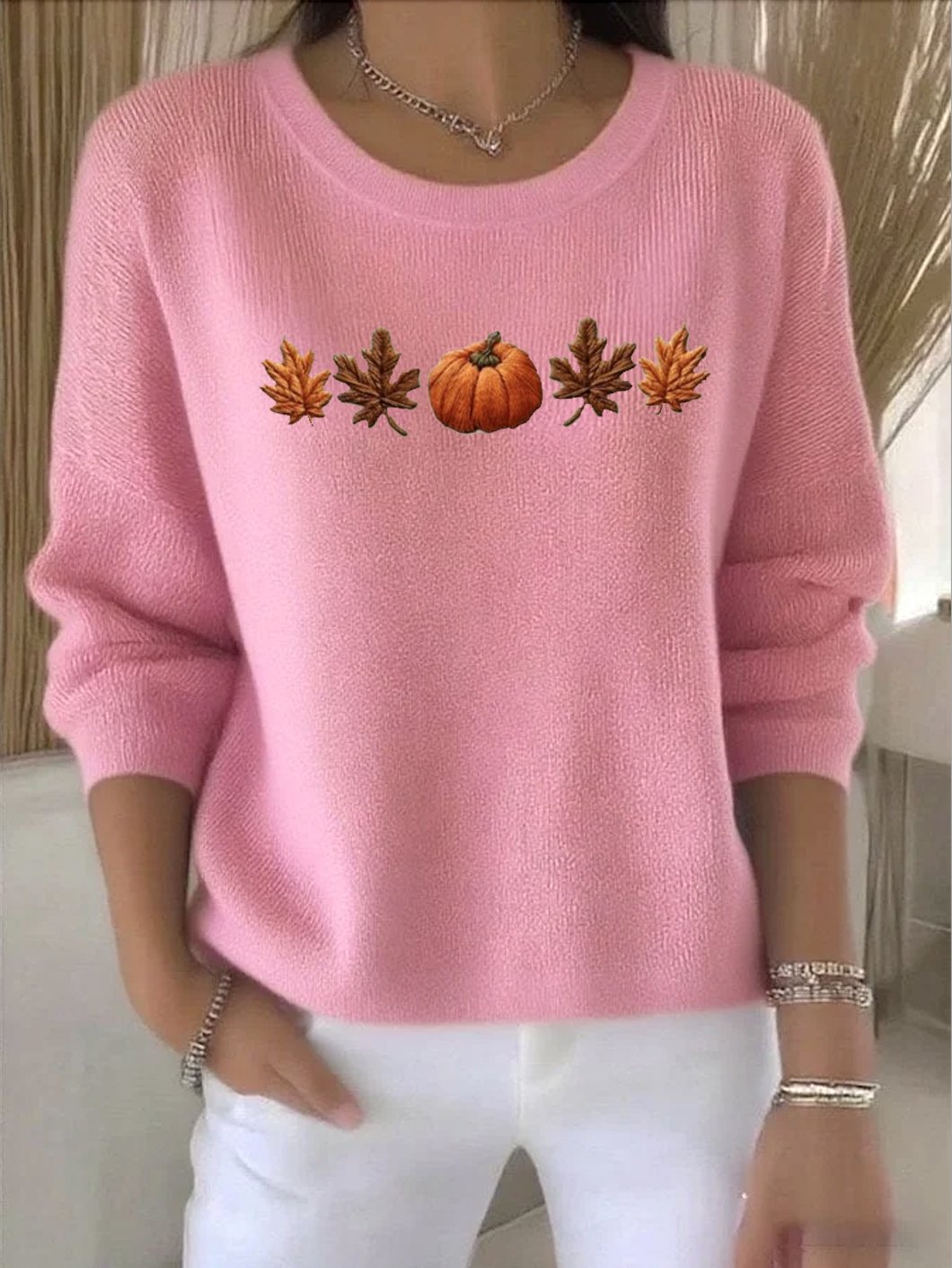 Women Plants Crew Neck Cotton Long Sleeve Vintage Holiday Spring/Fall Sweater