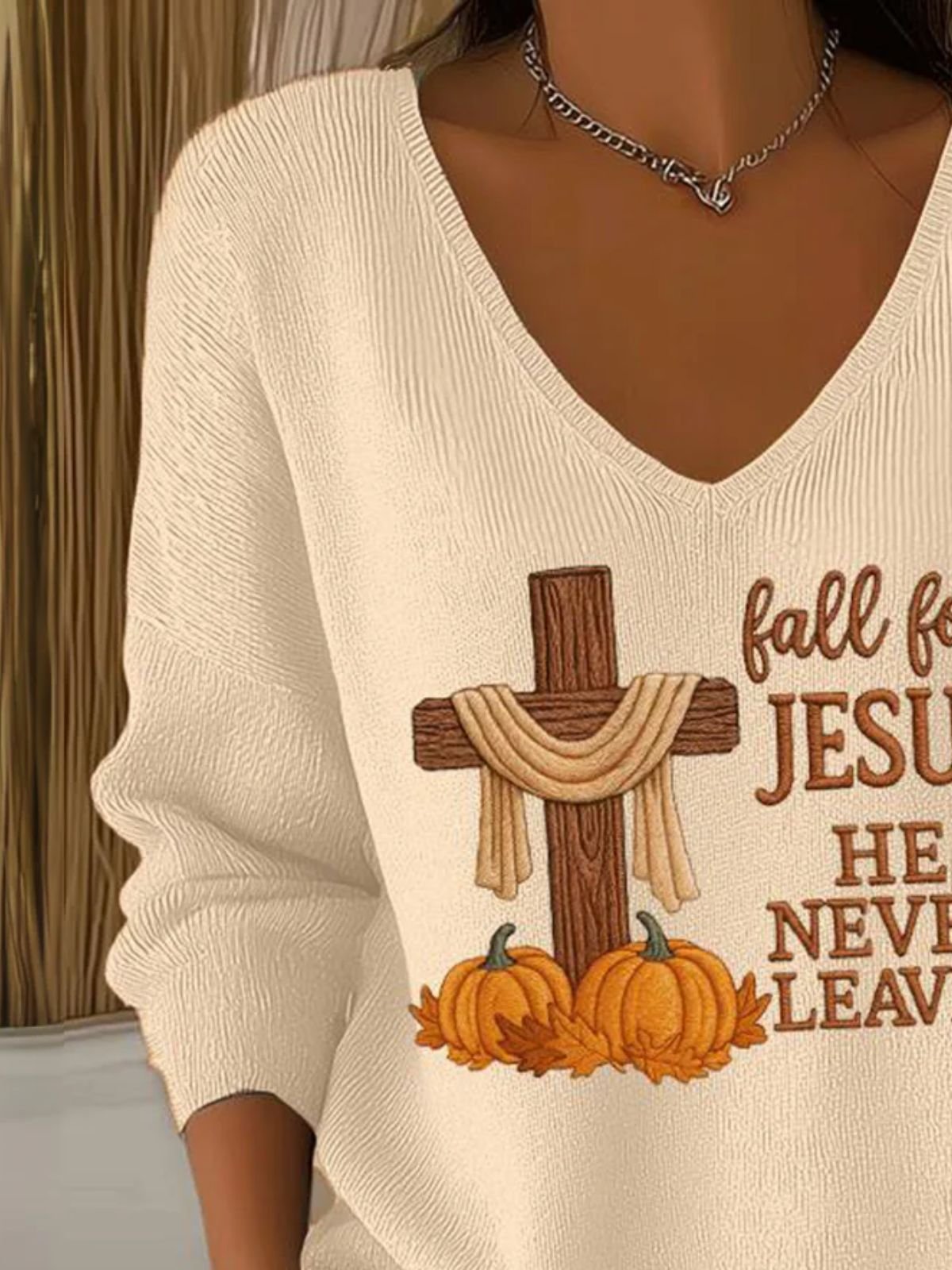 Women Jesus Copy V Neck Cotton Long Sleeve Casual Daily Spring/Fall Sweater