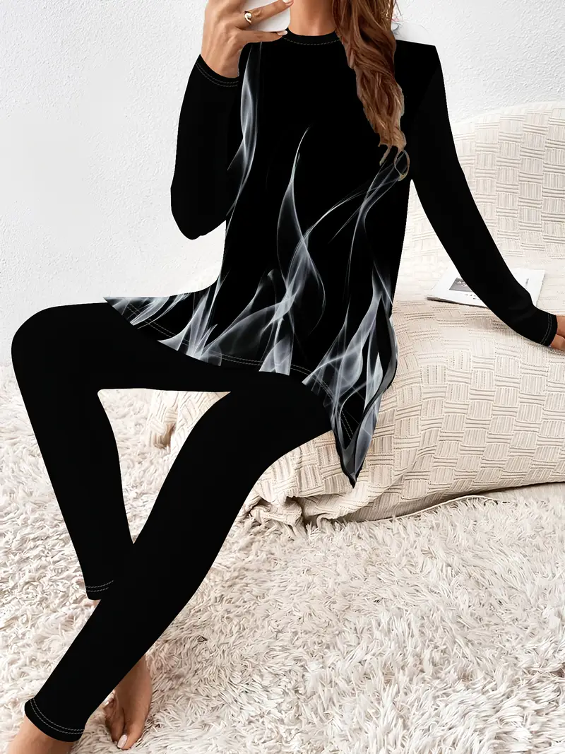 Women Abstract Jersey Long Sleeve Top With Pants Casual Printing Spring/Fall Crew Neck Two-Piece Set