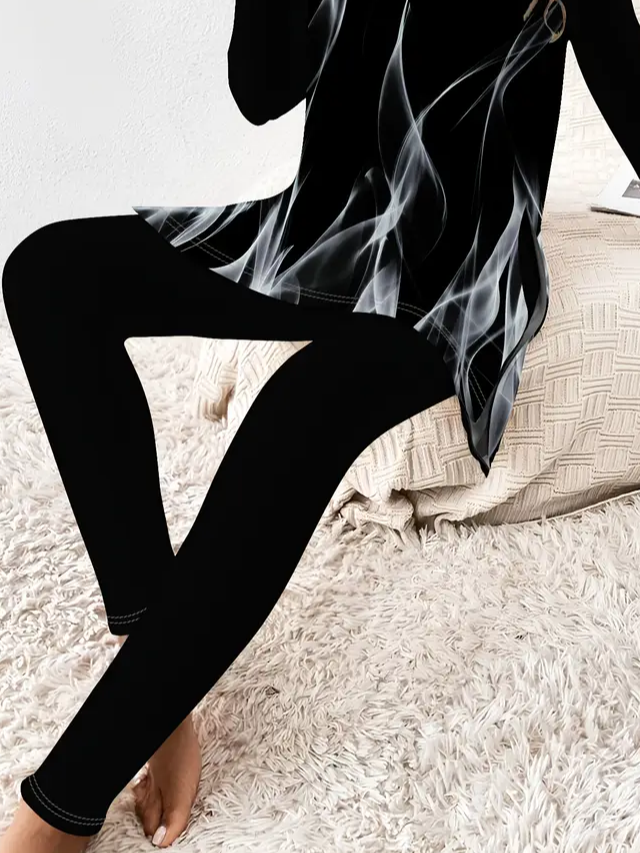 Women Abstract Jersey Long Sleeve Top With Pants Casual Printing Spring/Fall Crew Neck Two-Piece Set