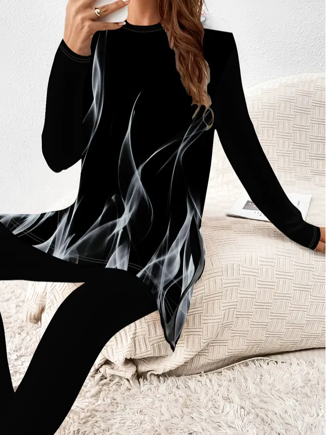 Women Abstract Jersey Long Sleeve Top With Pants Casual Printing Spring/Fall Crew Neck Two-Piece Set