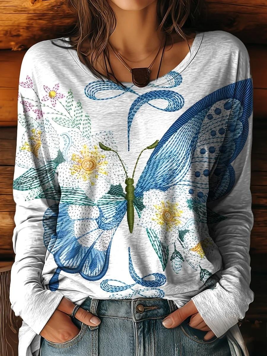 Women Floral Crew Neck Jersey Long Sleeve Vintage Holiday Spring/Fall T-shirt
